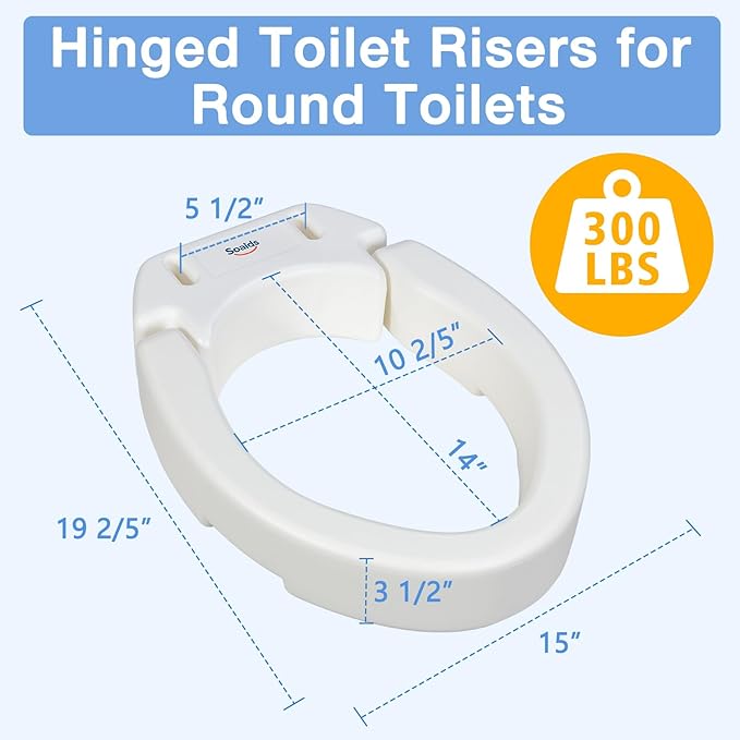 3.5 Inch Raised Toilet Seat Risers for Seniors and Adults, Hinged Elevated Toilet Seat for Elongated Toilets, Support to 300 Lbs, White (Elongated)