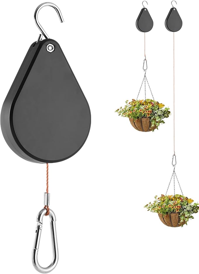 WROSWT Upgraded Retractable Plant Hanger,Plant Pulleys for Hanging Plants,Easy to Raise and Lower,Auto Lock,Heavy Duty, Adjustable Hook for Flower Pots,Birds Feeder (1 Pack, Black)
