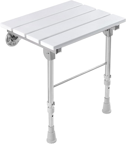 Folding Shower Seat Wall Mounted with Legs, Foldable Shower Chair for Inside Shower, Fold Down Shower Bench for Seniors (White, Height Adjustable)