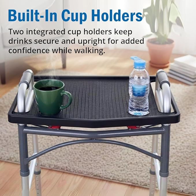 Support Plus Walker Tray Table - Non Slip Mobility Mat with Cup Holder (21"x16") - Red