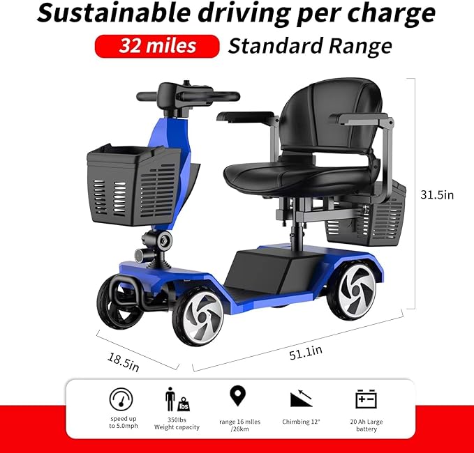 20A-32 Miles Electric Mobility Scooter for Adults Wheelchair Device for Travel, Elderly. 350 lbs Max Weight, 350W Heavy Duty Mobility Scooters for Seniors with Two Baskets (Y3-BULE3)