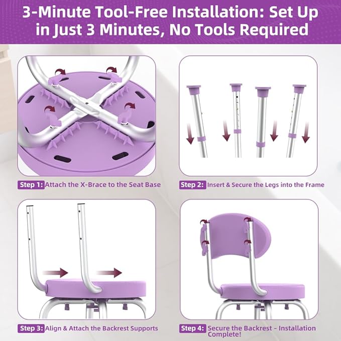 360 ° Rotating Shower Chair with Seat Back, Anti Slip Adjustable Height Bathtub Stool, Suitable for Elderly and Postoperative Patients as a Bathroom Shower Seat