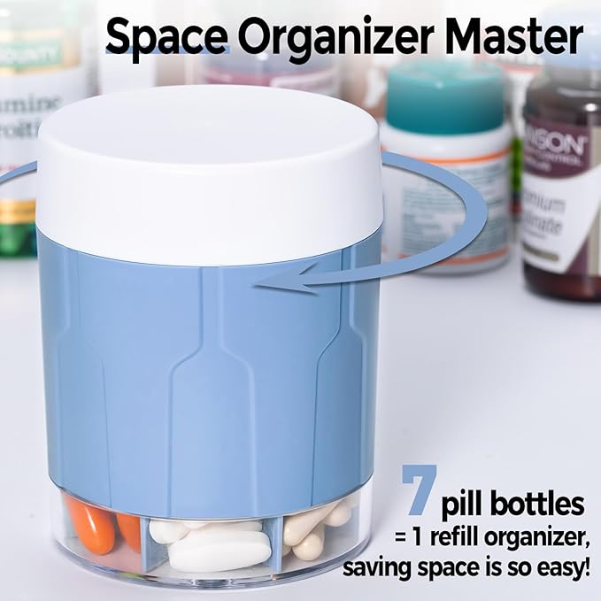 Betife Extra Large Supplement Organizer,Weekly Pill Organizer Bottle, Daily Pill Dispenser with 7 Large Compartments, Organizer to Hold 7 Day Vitamin Medication,21 Labels and a Cleaning Brush (Blue)
