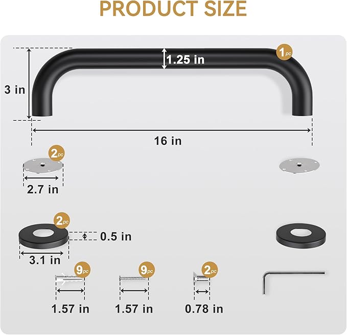 AmazerBath Shower Grab Bars for Seniors Anti Slip, Bath Safety Grab Bar for Needy, Stainless Steel Bathroom Safety Grab Bars, Thickened Bar Bigger Base Holds 500LBS, 16" L x 1.25" D, Black
