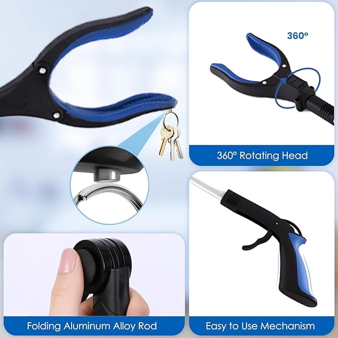 Grabber Reacher Tool, Foldable Pick Up Stick with LED Light for Night Dog Walking,Includes 360° Rotating Anti-Slip Jaw & Magnet, ldeal for Trash Pickup, Outdoor Pet Walking & Seniors Recovery, 32 lnch