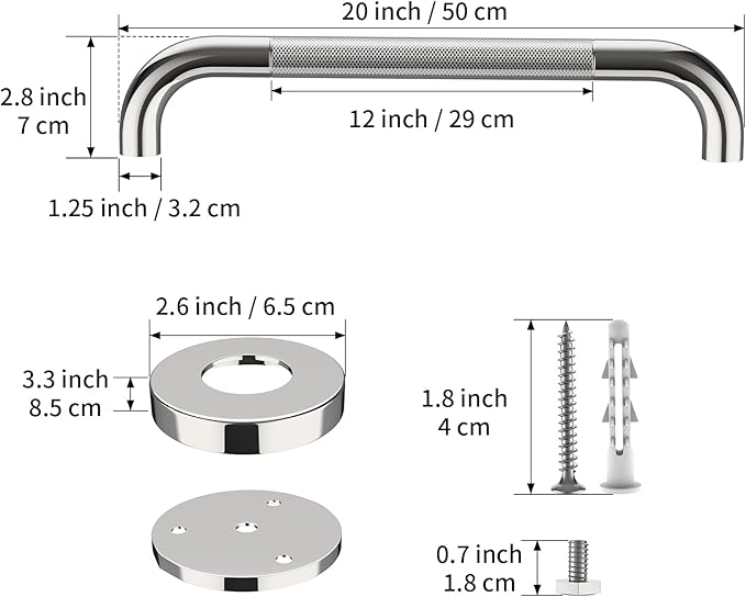 20 Inch Anti Slip Shower Grab Bar, YuanDe 2 Pack Chrome Stainless Steel Bath Grab Bar, Knurled Bathroom Safety Rail, Shower Handrail Support, Handicap Elderly Balance Assist Handles-1.25" Diameter