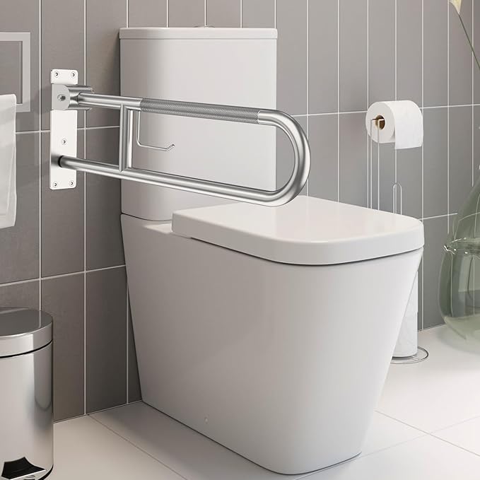 Toilet Grab Bar 30.3 Inch, YuanDe Brushed Nickel Anti-Slip Support Rail, U Shaped Flip-Up Grab Bar with Paper Holder, Stainless Steel Knurled Handicap Safety Handrails for Disabled Elderly Pregnant