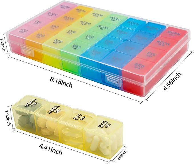Weekly Pill Organizer 4 Times a Day, 7-Day Pill Boxes, Monthly Medication Organizer 28 Days Portable Compartments & Moisture-Proof Outer Case for Vitamins, Fish Oils, Supplements(Color)