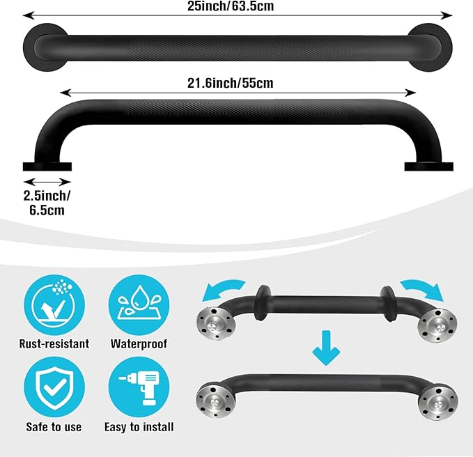Shower Grab Bar, Anti-Slip Safety Grab Bar for Bathroom Bathtub Toilet 304 Stainless Steel Textured Grip Bath Handle Hand Rail for Elderly (Black, 24" L x 1 1/4" D)