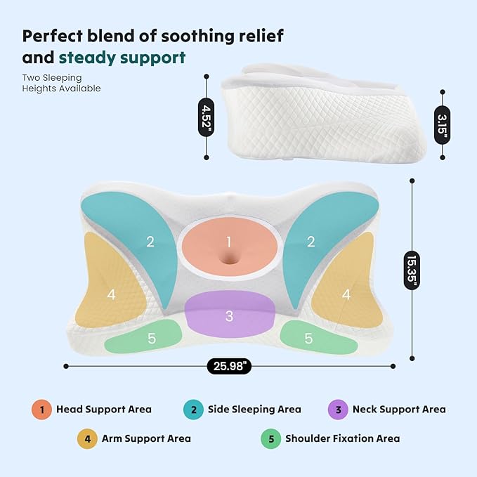 DUMOS Cervical Neck Pillow, Cooling Ergonomic Memory Foam Pillows for Neck Pain Relief with Breathable Pillowcase, Dual Height Orthopedic Support Contour Pillow for Side, Back, Stomach Sleepers, Grey