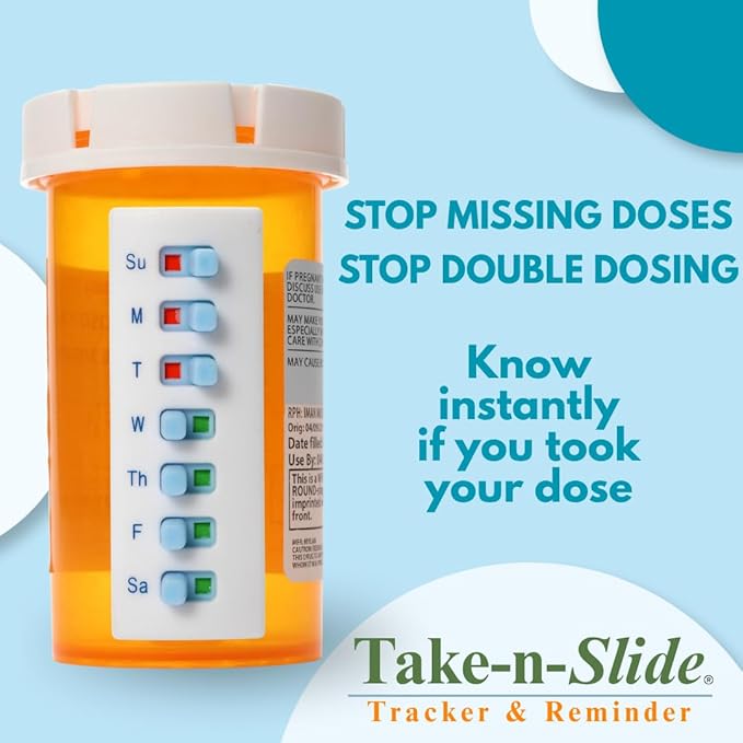 TAKE-N-SLIDE Peel and Stick Reusable for 12 + Refills, Pill/Medication/Vitamin/Pet Med Tracker & Reminder, Attach to Your Bottle, Organizer-Free, Curved‑Back, White & Blue (2-Pack, 1 Each)