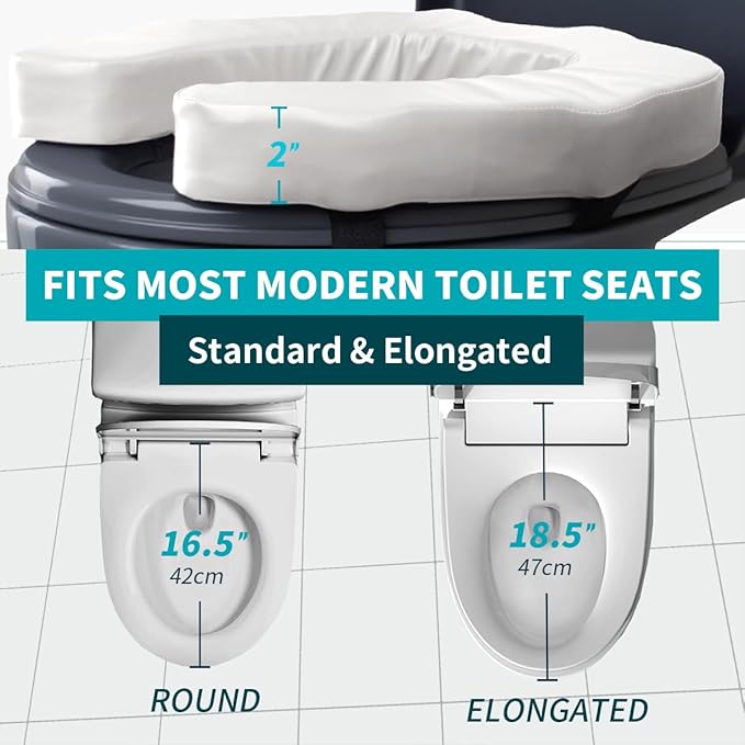 Toilet Seat Riser for Elderly, 2 Inches Elevated Toilet Seat Cushion for Seniors, Universal Fit – Raised Toilet Seat Pad, High-Density Foam, Fits Standard & Elongated Toilets, Waterproof Cover