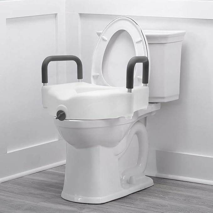 DMI Raised Locking Toilet Seat with Padded Armrests, 350 lb Weight Capacity, 5-Inch Seat Riser for Elderly, Disabled & Post-Surgery Recovery, Fits Most Standard Toilets, White