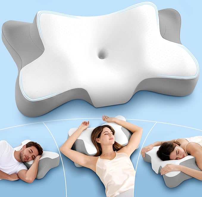 Cervical Neck Pillow for Neck Pain Relief, Ergonomic Memory Foam Contour Pillow for Sleeping, Cooling Butterfly Pillow for Back,Side,Stomach Sleepers, Orthopedic Bed Pillow for Neck Support(White)