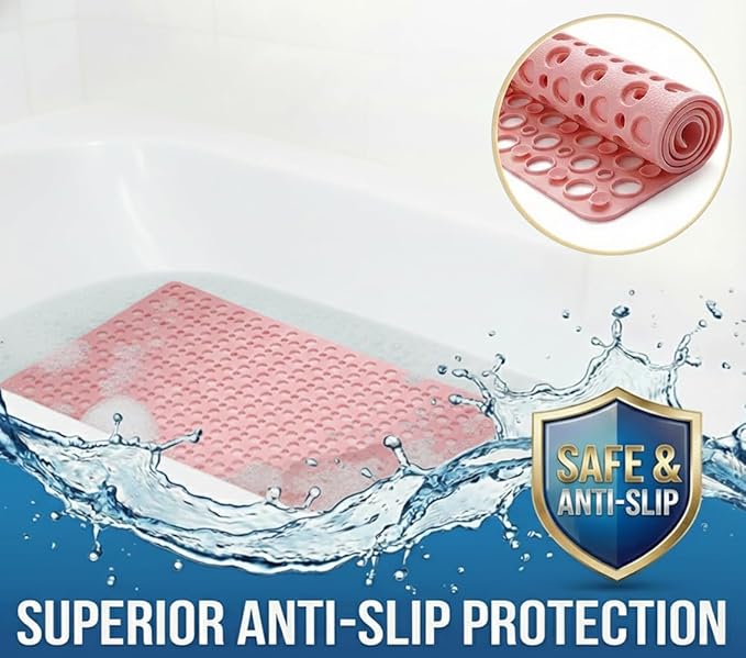 Nonslip Bathtub Mat Extra Soft TPE Bath Mat for Kids, Machine Washable Bathroom Shower Mat, Smooth/Non-Textured Tubs Only, 35L x 16W Inch (Pink)