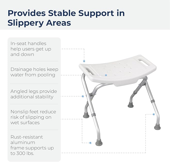 Drive Medical 12486 Folding Shower Chair, Bath Bench with Drainage Holes and In-Seat Handles, Supports Users Up To 300 Pounds, White