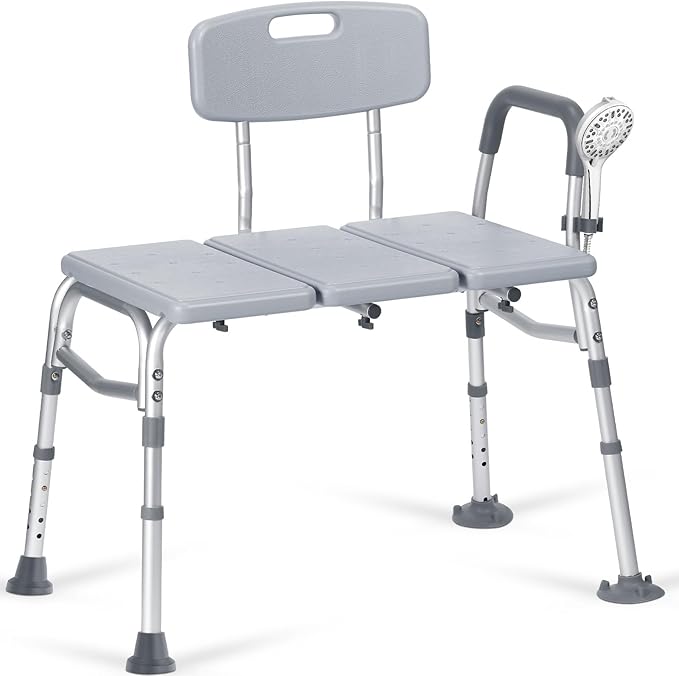 500lb Heavy Duty Shower Bench, Tool-Free Tub Transfer Bench with Arms & Back, Height Adjustable Handicap Shower Seat, Non-Slip Bath Safety Chair for Elderly & Surgery-Gray