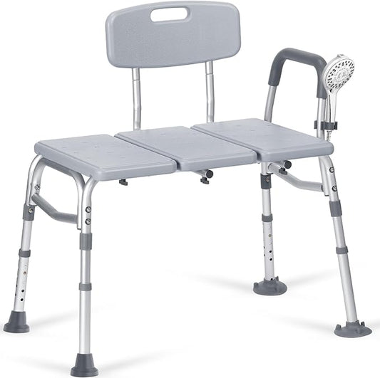 500lb Heavy Duty Shower Bench, Tool-Free Tub Transfer Bench with Arms & Back, Height Adjustable Handicap Shower Seat, Non-Slip Bath Safety Chair for Elderly & Surgery-Gray