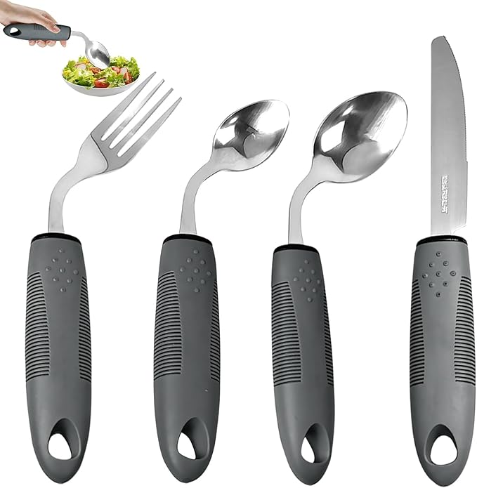 Weighted Adaptive Utensils, 4 Pcs Adaptive Utensils for Hand Tremors and Parkinsons Patients, 45°Angled Weighted Silverware for Hand Tremors, Parkinsons Care Gift Pick (Left-Handed)