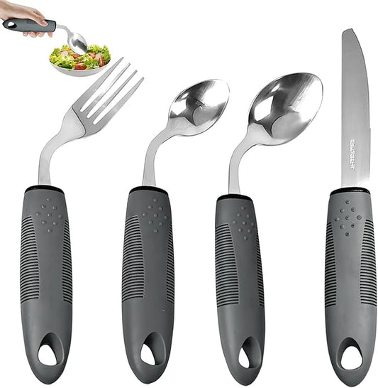 Weighted Adaptive Utensils, 4 Pcs Adaptive Utensils for Hand Tremors and Parkinsons Patients, 45°Angled Weighted Silverware for Hand Tremors, Parkinsons Care Gift Pick (Left-Handed)