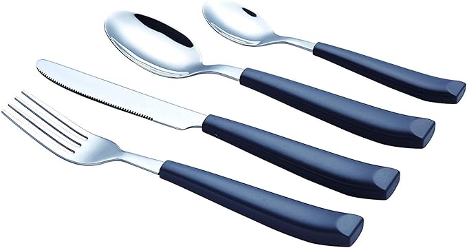 EXZACT 16-Piece Flatware Set for 4 – Colored Stainless Steel Cutlery with Wide Plastic Handles – Comfortable Tableware: Forks, Knives, Spoons, Teaspoons