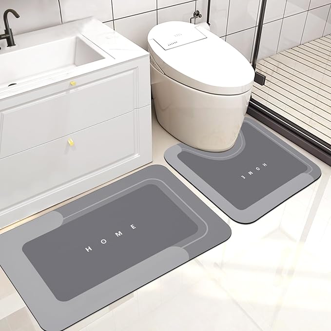 Housego 2PCS Absorbent Bath Mat Magic Rug Sets, Quick Drying Bath Mat Non-Slip Floor Rug Rubber Backed for Bathroom Kitchen Shower Sink, Water Absorbent (19.7''x23.6''+19.7''x31.9'', Dark Gray)