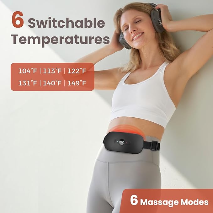 NOWWISH Heating Pad for Period Cramps Pain Relief, Portable Electric Cordless Menstrual Heating Pad Rechargeable with 6 Heat Levels and 6 Massage Modes, Mothers Day Gifts for Mom Daughter Wife, Black