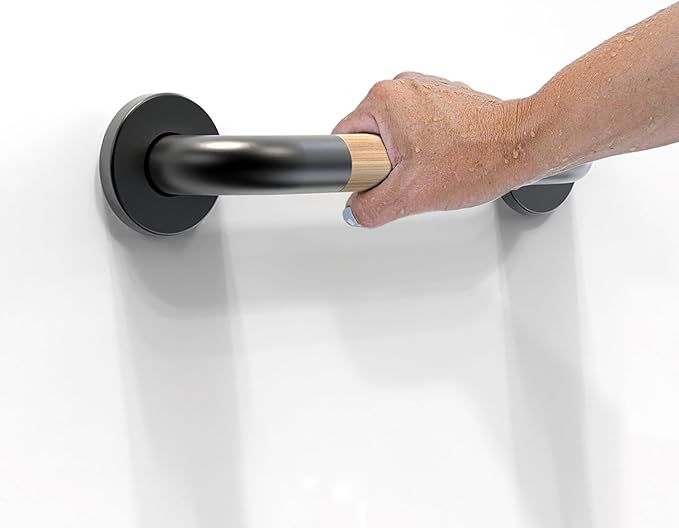 Safety Grab Bar for Bathroom & Toilet, Natural Bamboo Handle, ADA Compliant Balance Assist Handrail for Handicap and Seniors, 12in Matte Black
