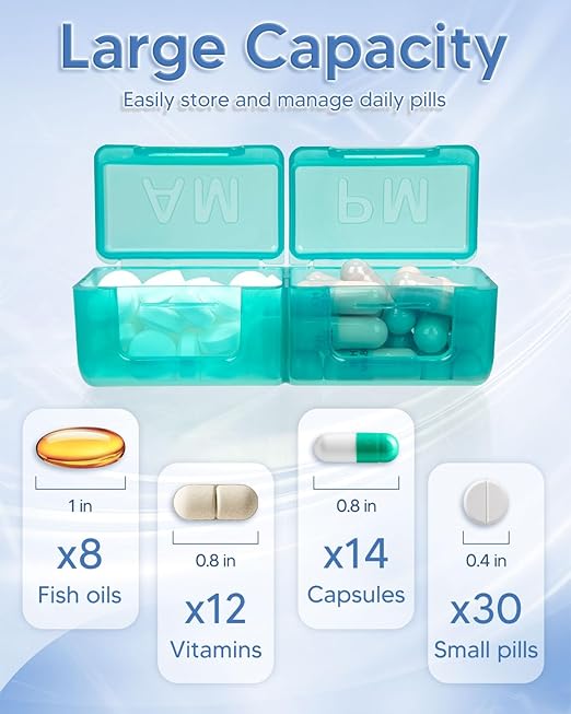 Monthly Pill Organizer 2 Times a Day, FRIWOLE Medicine Box with Portable Weekly Pill Bag, Pill Taker Remover, Pill Cutter and 2 Sticker(Blue, 2 Times a Day)