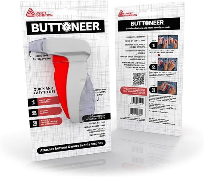 Buttoneer Button Fastening System - NEW and Improved! - Attaches Buttons & More in Seconds - No Sewing Necessary & Works on Most Fabrics