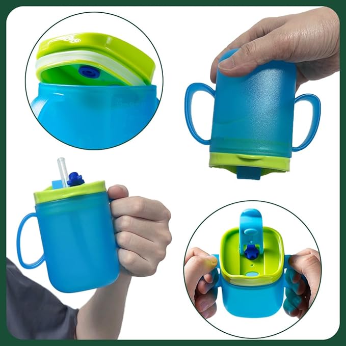 Adult Sippy Cup for Elderly – 10 oz Portable Spill-Resistant Cup with Straw and Easy-Grip Handles – Ideal for Disabled, Dysphagia & Hospital Patients (Blue)