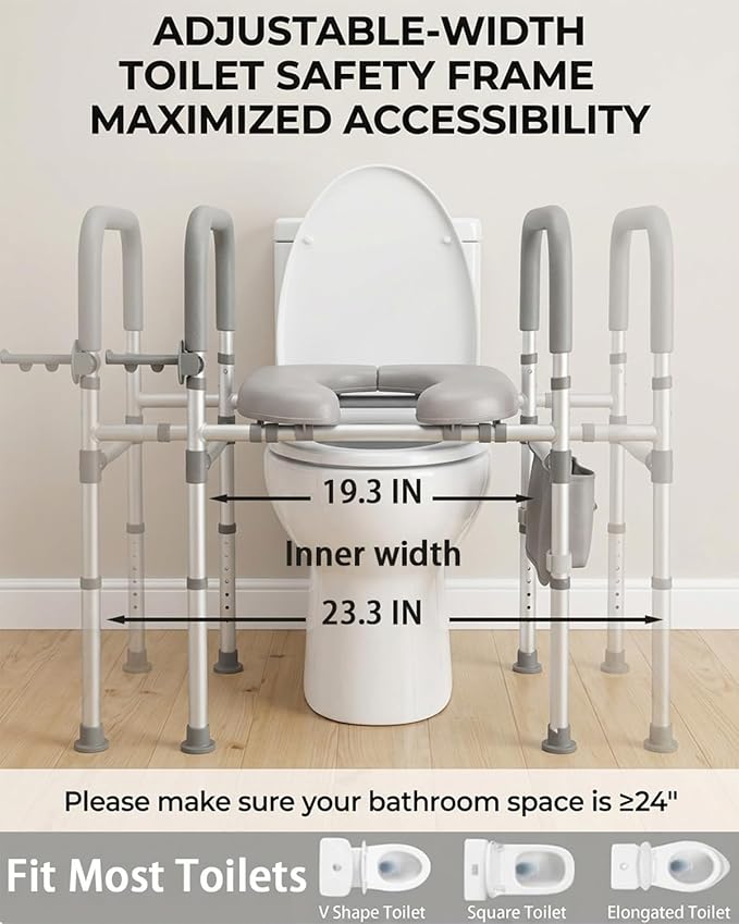 Toilet Riser Seat, Adjustable Height & Width, Aluminum Alloy Frame & Soft Leather Seat, Elderly Toilet Chair with Storage Shelf & Tissue Holder, Anti-Slip Feet, 330lbs Capacity for Seniors