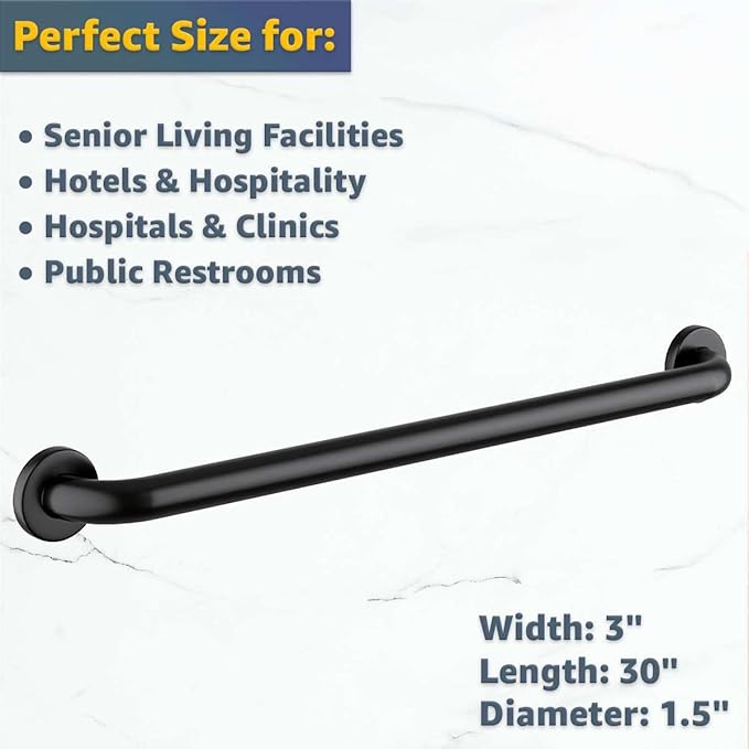 30″ Matte Black Restroom Grab Bar - Stainless Steel Wall Mount Safety Rail for Elderly, Shower or Toilet Support, Commercial Bathroom Handrail, 250 lb Capacity