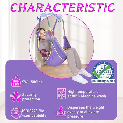 EZ Assistive Full Body Patient Lift Sling for Bed, Shower, Chair Transfer- Ideal for Elderly, Senior, Disabled, Quick-Drying Mesh Fabric, Supports Up to 500lbs (Purple, Medium)