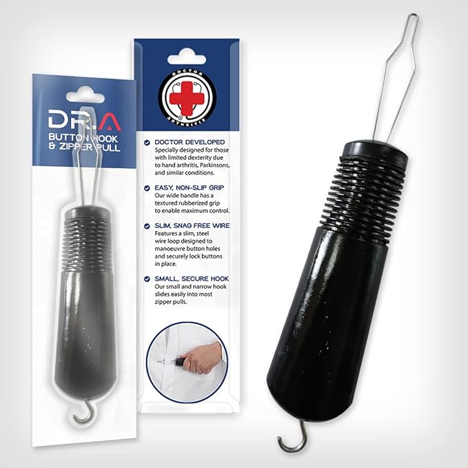Button Hook & Zipper Pull, Assist, Helper Device, Dress Clothes Tool, Button Shirts Aid, One Hand, Disability, Handicapped and Seniors by Dr. Arthritis (Single)