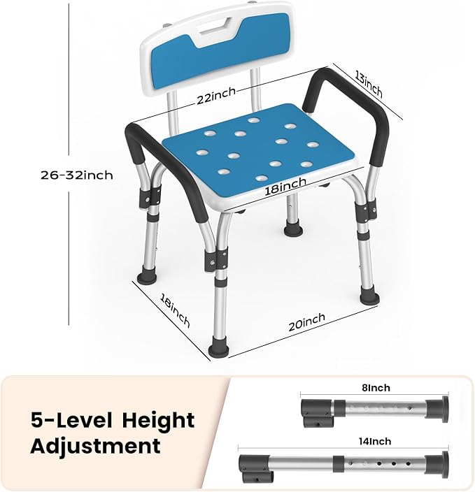 Shower Chair for Inside Shower [Military Grade] [500 lbs Heavy Duty] Shower Seat with Arms and Back for Bathtub, [FSA/HSA Eligible] Height Adjustable Safety Bath Seat for Elderly and Disabled, Blue