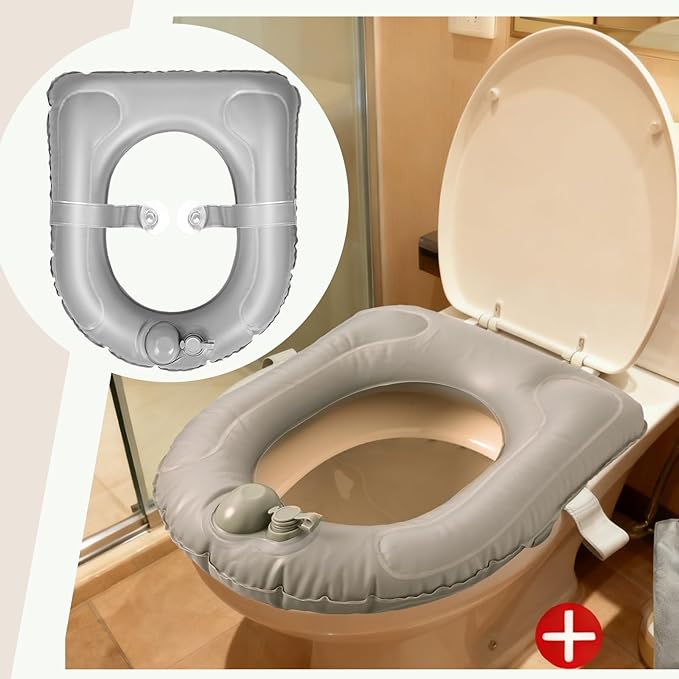 Gilprop Travel Toilet Seat Riser Inflatable Padded Toilet Seat for Seniors Portable PVC Bedside Commode Grey Raised Cushion with Suction Cup and Storage Bag for Elderly Recovery Senior Travel Camping