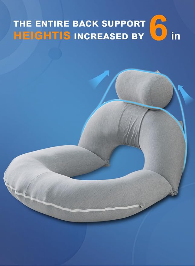 INSEN Reading Pillow, Back Pillow for Sitting in Bed for Reading, Nurse & Relax, Reading Pillow for Adults, Moms & Kids, Sit Up Pillow for Bed, Cooling Stripe, Grey