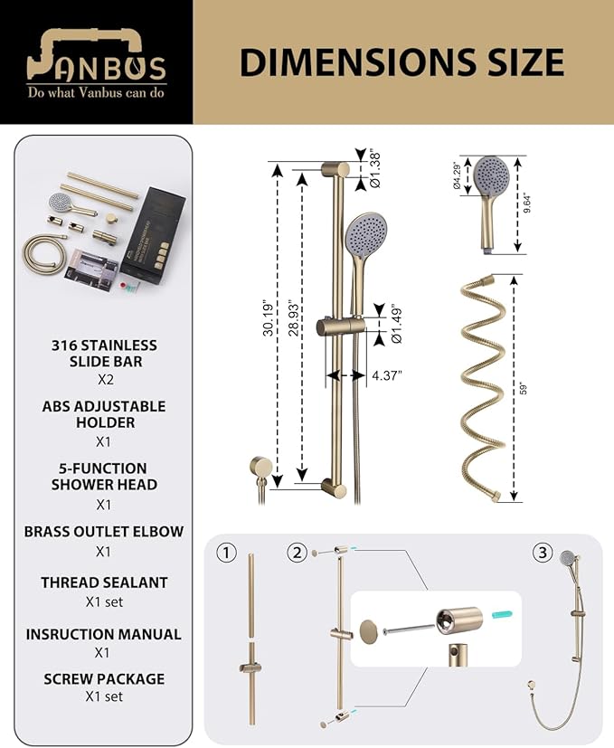 Handheld Shower Head with Adjustable 30-Inch Shower Slide Bar and 59-Inch Hose, 5-Function 3.2GPM High Pressure Handheld Shower Head with Drop Ell and Holder, Brushed Gold