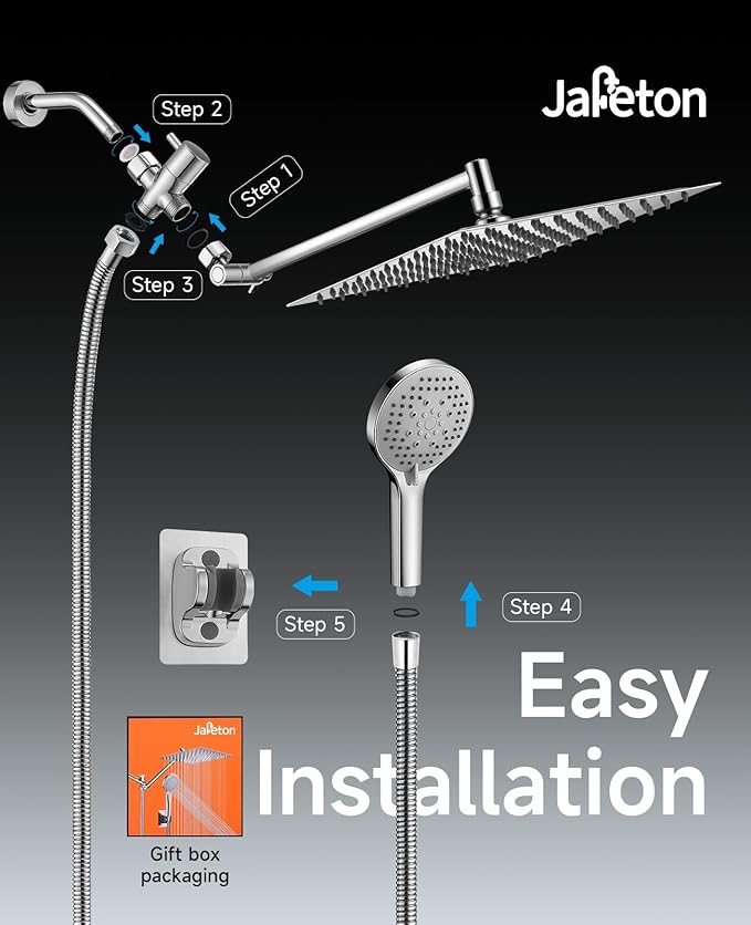 10 inch Rain Shower Head with Handheld Spray Stainless Steel, High Pressure Square Rainfall Showerhead Combo with 6 Handheld Sprayer, Detachable Shower Heads Waterfall Shower for Bathtub