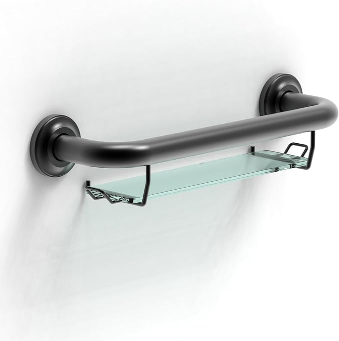 ADA Compliant Grab Bar with Glass Shelf for Shower Wall and Bathtubs, 500lbs Weight Support, 1-1/4 x 16 inch for Stud Mount, Matte Black
