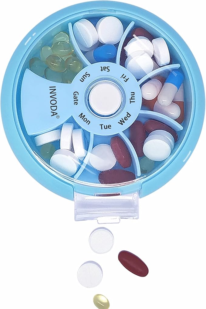 INVODA Weekly Pill Organizer 7 Compartment Rotating Pill Box for Daily Medication & Vitamins - Portable Travel Pill Case Fish Oil Supplements Vitamins Organizer (Blue+Orange)