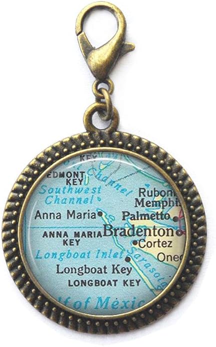 Bradenton, Florida map Zipper Pull, Anna Maria Island map Lobster Clasp, Longboat Key map jewelry Anna Maria Zipper Pull