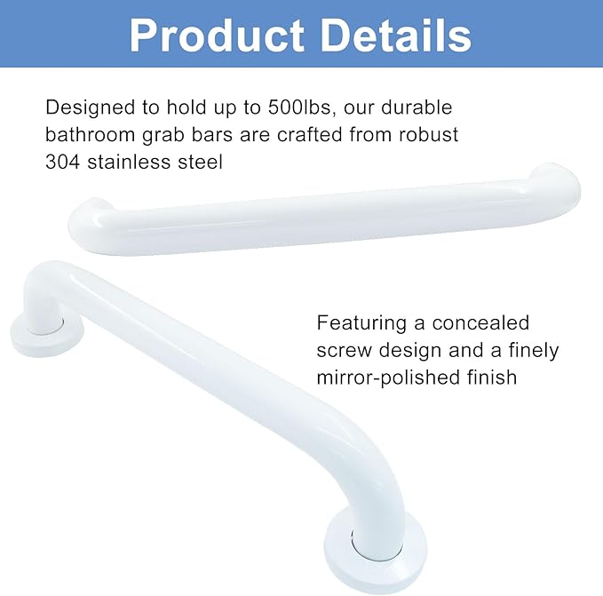 2 Pack White Safety Grab Bar, Stainless Steel Bathroom Grab Bar Shower Bath Handle, Handicap Hand-Rail Support for Bathroom Bathtub Toilet/Elderly Seniors Pregnant Children