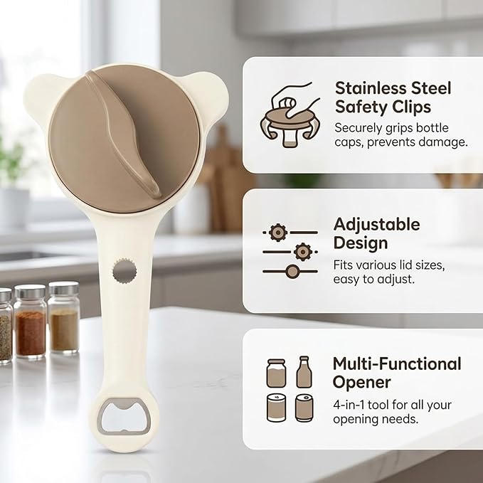Jar Openers for Seniors, 4-in-1 Multi-Function Jar Opener with Adjustable Three-Prong Design, Stainless Steel Safety Clips for Tight Lids and Bottles, Ergonomic Grip for Home Kitchen Use