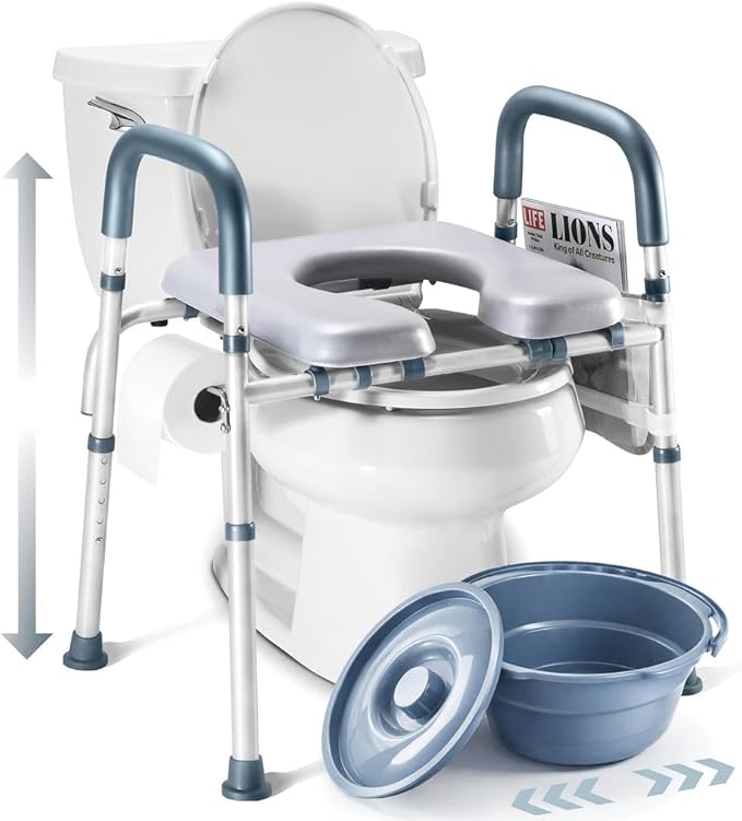 Toilet Seat Risers for Seniors Bedside Commode for Elderly Width and Height Adjustable Raised Toilet Seat with Handles for Elderly Handicap, Elevated, Pregnant, Fit Any Toilet Heavy Duty Up to 400lbs