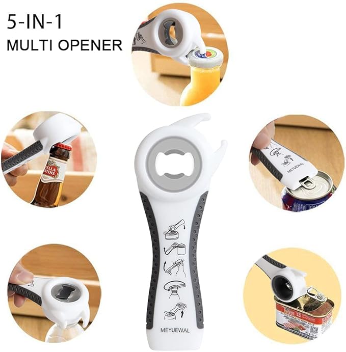 Jar Opener Bottle Opener for Weak Hands, 5-in-1 Multi-Function Can Opener Bottle Opener Kit with Silicone Handle, Easy to Use for Children, Elderly and Arthritis Sufferers (NEW White)