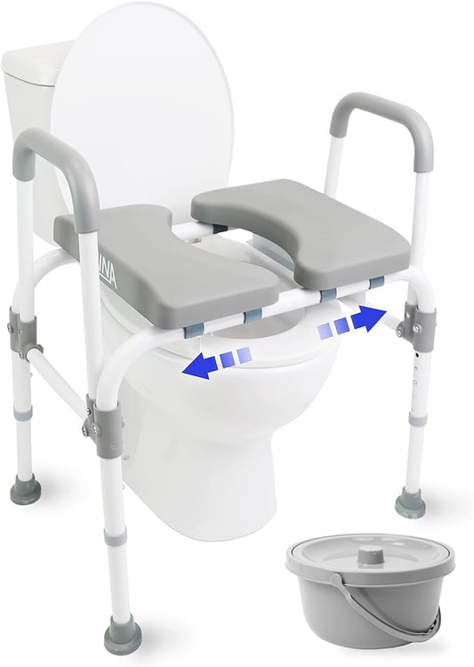 KMINA Raised Toilet Seat with Handles, 400 lbs Toilet Seat Risers for Seniors, Adjustable Height & Width, Comfort PU Foam Seat, Fit Any Toilet, Patented, Made in Europe