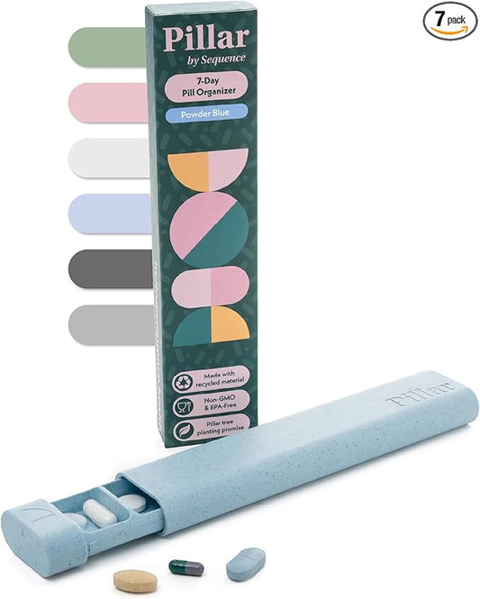 Pillar - 7-Day Pill Organizer | Weekly Medicine Pill Container Travel Box - Aesthetic Medication Holder - Stylish Travel Pill Case - Cute Small Medication Organizer 7 Day for Women (Powder Blue)