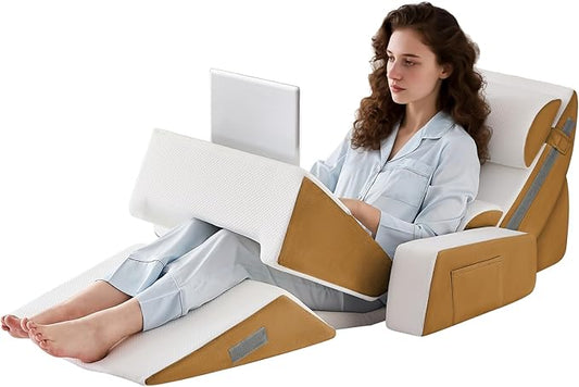 Yojoker 9PCS Orthopedic Bed Wedge Pillow Set for Sleeping, Back and Leg Pain Relief, Post Surgery Foam Pillow for Body, Triangle Adjustable Support Pillow - Acid Reflux Sleeping Pillows Brown